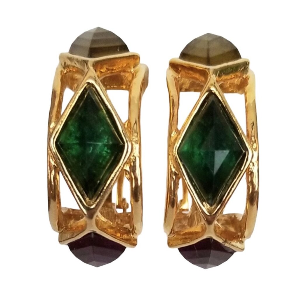 VO Vanity Company Gold Tone C Hoop Purple Green Lucite Clip-On Earrings, M345